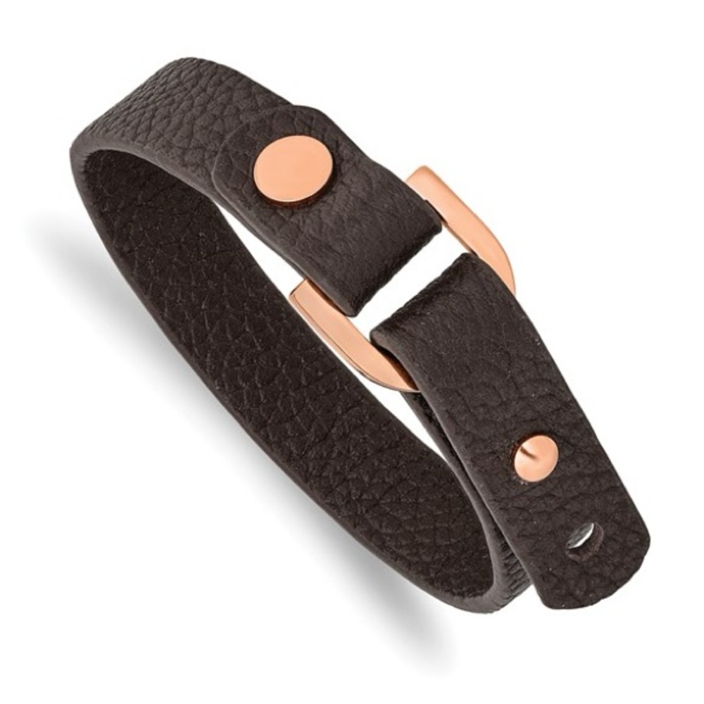 NEW Chisel Stainless Polished Rose Brown Leather Adjustable 8.5-9in Bracelet